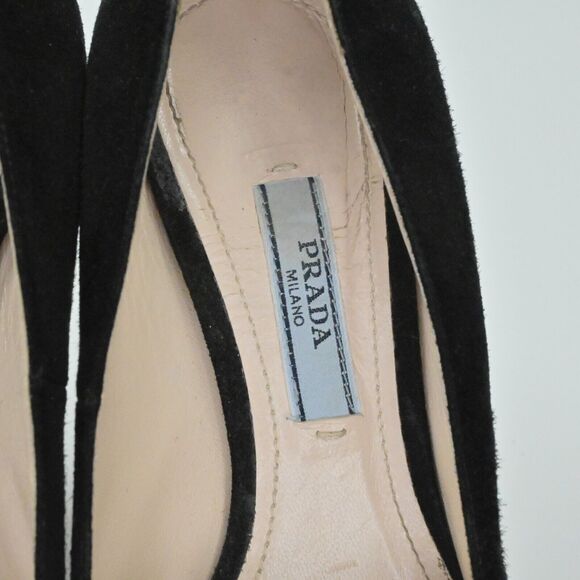 PRADA Heels Womens Size 36 Calzature Black Suede Gold Hardware Bow Milan Square - Picture 7 of 13